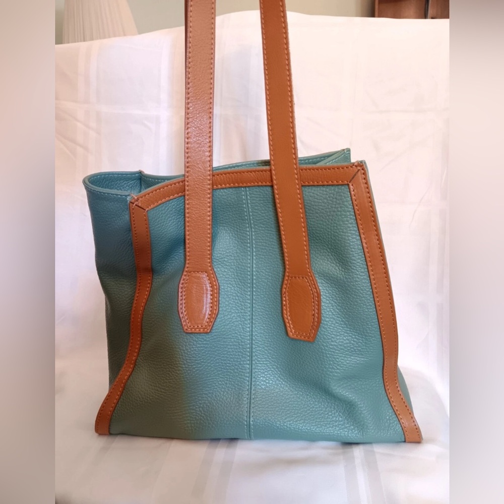Green Leather Tote with Tan Trim and Shoulder Straps